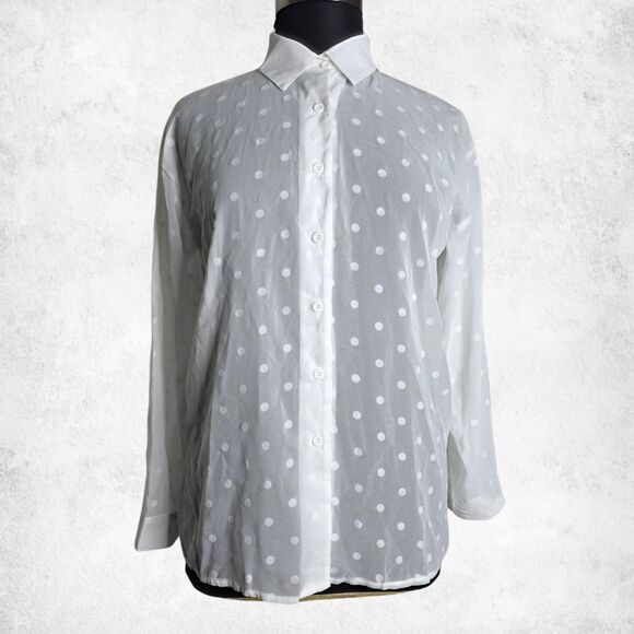 White Polka Dot Button Down Blouse 2XL – Sheer Lightweight Long Sleeve Top - Picture 6 of 7